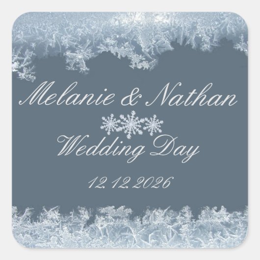Frosted Blue Winter Wedding Custom Quadratischer Aufkleber (Vorderseite)