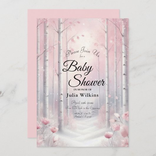 Frosted Petals in a Winter Woodland Baby Shower Einladung (Vorne/Hinten)