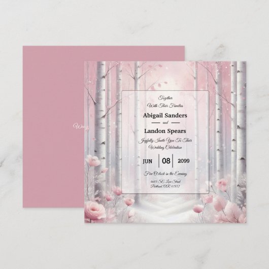 Frosted Petals in a Winter Woodland Wedding Einladung (Vorne/Hinten)
