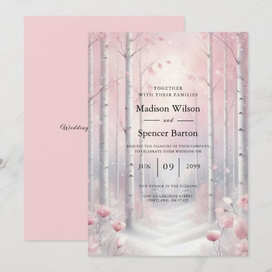 Frosted Petals in a Winter Woodland Wedding Einladung (Vorne/Hinten)