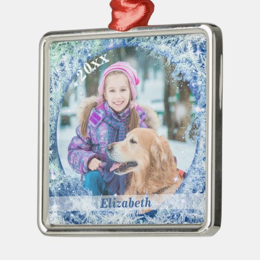 Frostgefrorenes Foto Personalisiert Silbernes Ornament (Links)