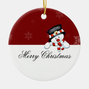 Frostie auf Rot mit weißen Schneeflocken Keramik Ornament