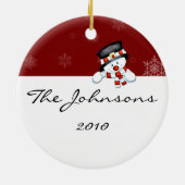 Frostie auf Rot mit weißen Schneeflocken Keramik Ornament (Hinten)