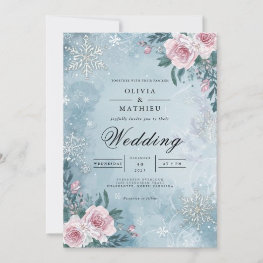 Frostig florale Winterszene Hochzeit Einladung (Vorderseite)