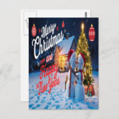 Frostige Freunde: Schneemann und Weihnachts-Baum-T Postkarte (Vorne/Hinten)