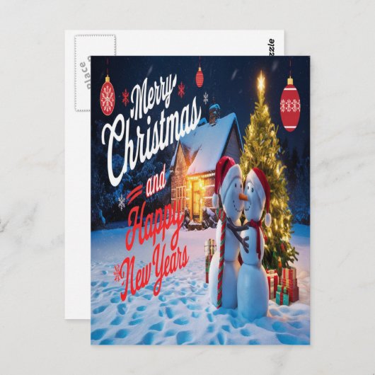 Frostige Freunde: Schneemann und Weihnachts-Baum-T Postkarte (Vorne/Hinten)