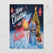 Frostige Freunde: Schneemann und Weihnachts-Baum-T Postkarte (Vorderseite)