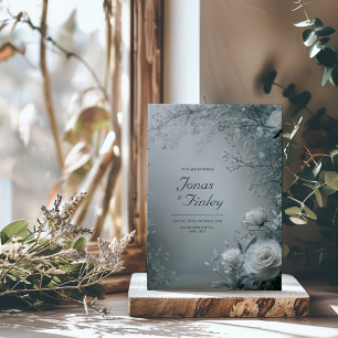 Frostige weiße Rose und staubgraue Winterhochzeit Einladung