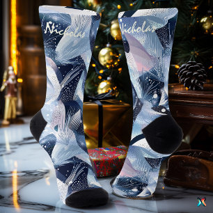 Frostige Wintersocken in Blau und Weiß Abstract Socken