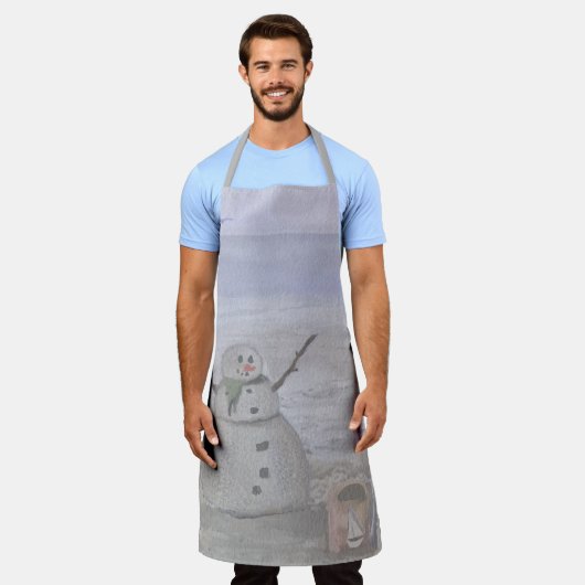 Frostiger Schneemann am Strand Große Schürze (Getragen)