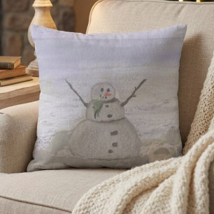 Frostiger Schneemann am Strand Kissen
