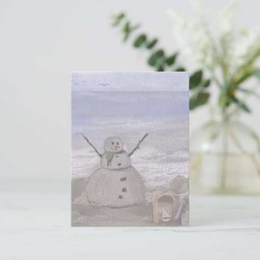 Frostiger Schneemann am Strand Postkarte (Stehend Vorderseite)
