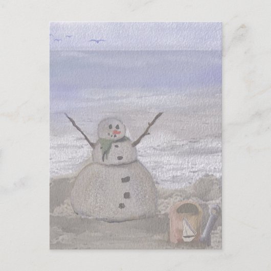 Frostiger Schneemann am Strand Postkarte (Vorderseite)