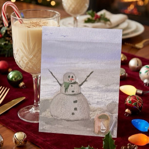 Frostiger Schneemann am Strand Postkarte