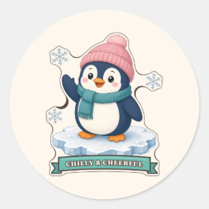 Frostiger und fröhlicher Pinguin mit rosa Pom-Hut Runder Aufkleber
