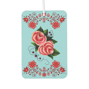 Frostrosen Folk Blumendesign auf Blau Autolufterfrischer