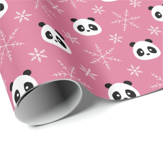 Frosty Berry Pink - Niedliche Pandas mit Schneeflo Geschenkpapier (Rolleneckpunkt)