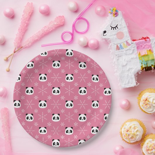 Frosty Berry Pink - Niedliche Pandas mit Schneeflo Pappteller (Party)