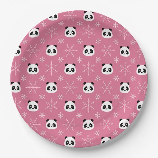 Frosty Berry Pink - Niedliche Pandas mit Schneeflo Pappteller (Vorderseite)