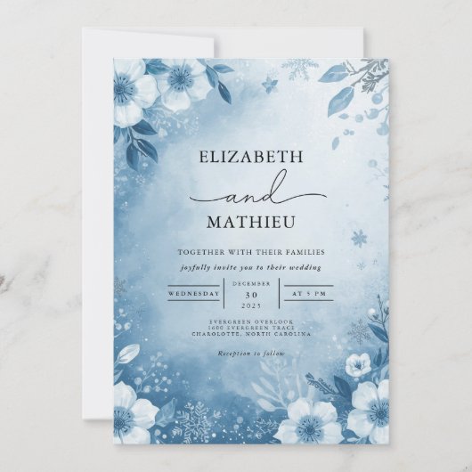 Frosty Blue Floral Bloom Wedding Einladung (Vorderseite)