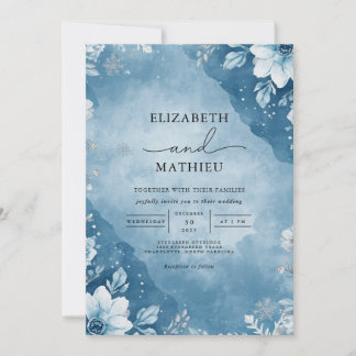 Frosty Blue Floral Breeze Wedding Einladung