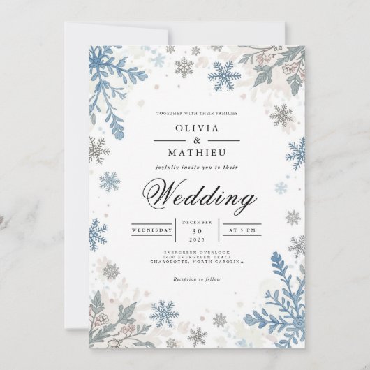 Frosty Blue Snowflake Romance Wedding Einladung (Vorderseite)