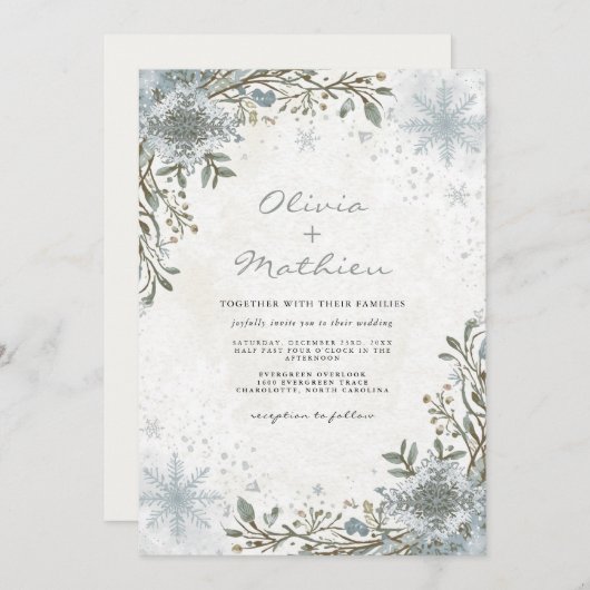 Frosty Blue Winter Botanical Floral Wedding Einladung (Vorne/Hinten)