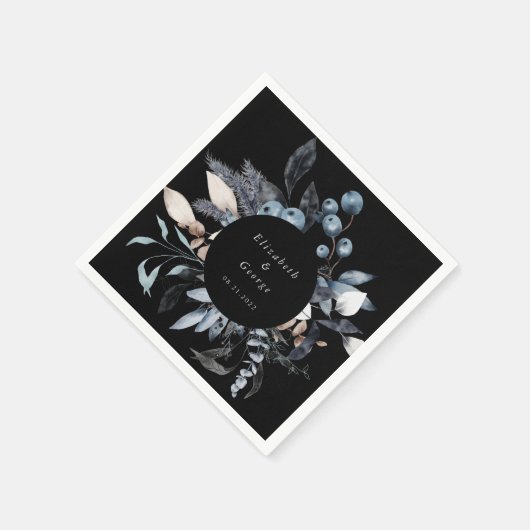 Frosty Blue Winter Floral Monogram Wedding Serviette (Ecke)