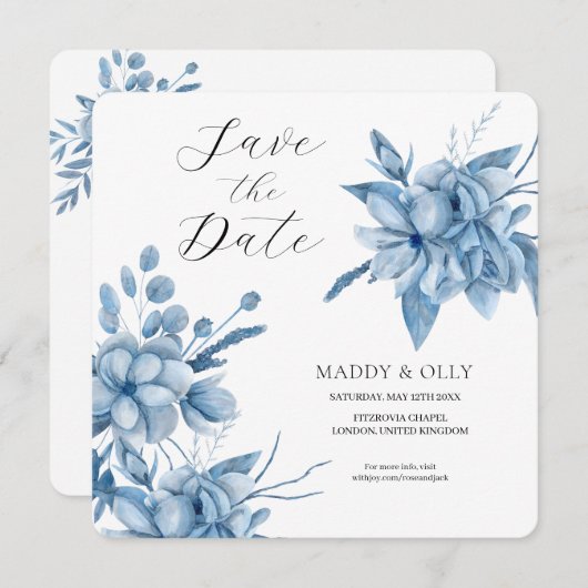 Frosty Grey Blue Floral Wedding Save The Date (Vorne/Hinten)