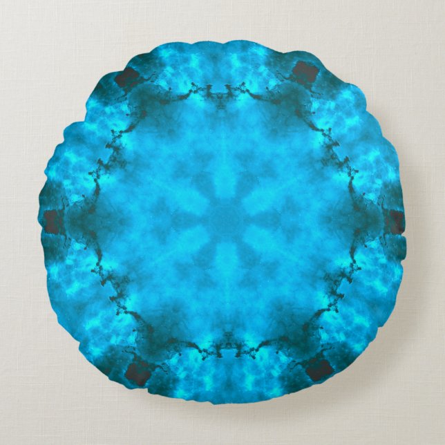 Frosty Ice Blue Snowflake Kaleidoscope Muster Rundes Kissen (Vorderseite)