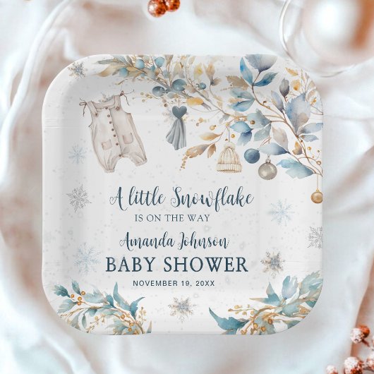 Frosty Little Snowflake Clothesline Baby Shower Pappteller