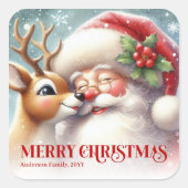 Frosty Personalized Santa and Rudolph Holiday Kids Quadratischer Aufkleber (Vorderseite)