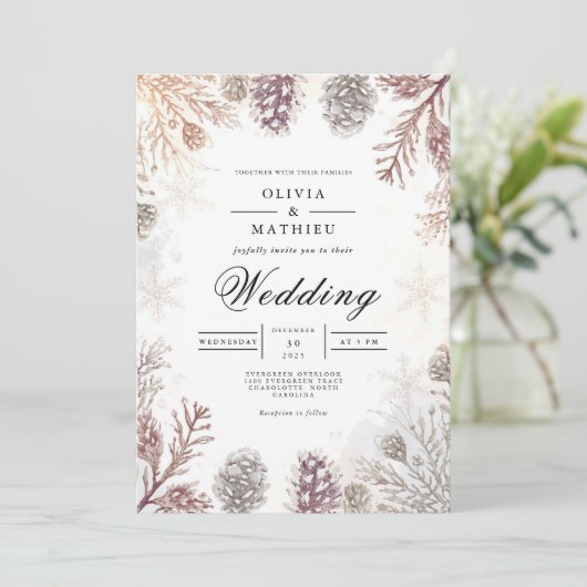 Frosty Pinecone Winter Wedding Einladung (Stehend Vorderseite)