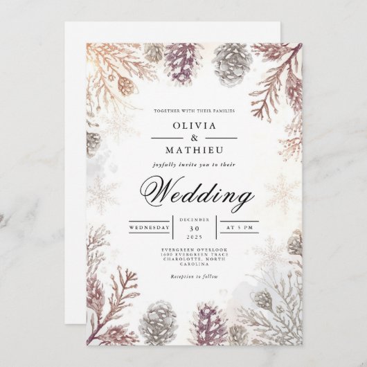 Frosty Pinecone Winter Wedding Einladung (Vorne/Hinten)