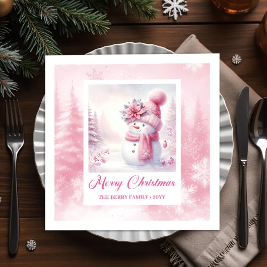 Frosty Pink Snowman Winter Scene Christmas Napkins Serviette