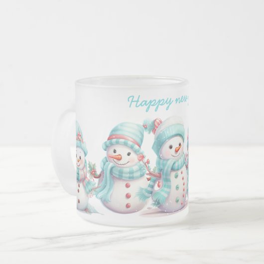 Frosty Sky Blue Snowmen Mattglastasse (Vorderseite Links)
