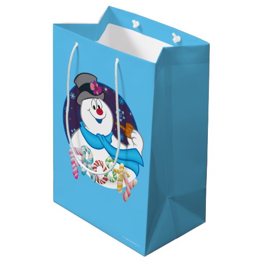 Frosty the Snowman™ | Farbige Candy Cane Name Mittlere Geschenktüte (Rückseite Schrägansicht)