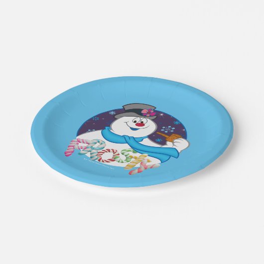 Frosty the Snowman™ | Farbige Candy Cane Name Pappteller (Schrägansicht)