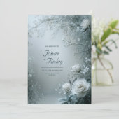 Frosty White Rose and Dusty Gray Winter Wedding Einladung (Stehend Vorderseite)