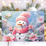 Frosty Wings and Poinsettia Kisses Snowman Feiertagskarte<br><div class="desc">Senden Sie herzliche Urlaubsstimmung mit dieser bezaubernden Karte mit einem fröhlichen Schneemann,  gebündelt in einem rosa Schal,  umgeben von schönen rosa Poinsettias. Die süße Botschaft "Frostige Wünsche und Poinsettia Kisses" fügt eine skurrile und festliche Touch hinzu,  die perfekt ist,  um Freunden und Familie in dieser Weihnachtszeit Freude zu bereiten.</div>