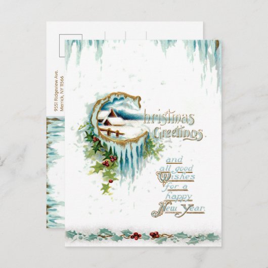 Frosty Winter Christmas Greetings w/Holly Border Postkarte (Vorne/Hinten)