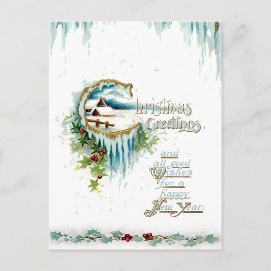 Frosty Winter Christmas Greetings w/Holly Border Postkarte (Vorderseite)