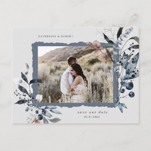 Frosty Winter Floral Save the Date Postcard Postkarte (Vorderseite)