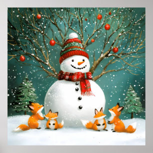 Frosty Winter Whimsical Snowman Fox Wonderland Poster
