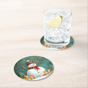 Frosty Winter Whimsical Snowman Fox Wonderland Runder Pappuntersetzer