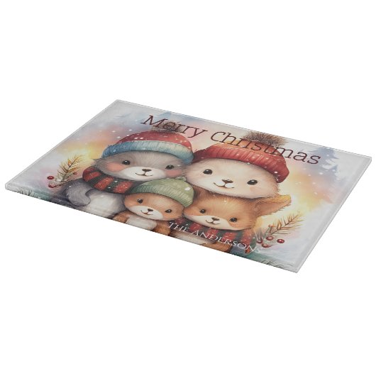 Frosty Woodland Family Merry Christmas Glass Schneidebrett (Ecke)