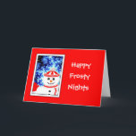 FROSTY'S NIGHT Snowman Design Grußkarte Feiertagskarte<br><div class="desc">Helle und lustige Feiertage Grüße!  Whimsikal,  lustig,  lächelnd Schneemann gegen einen frostigen Winternachthimmel.  

 Niedliche Snowman Grußkarte,  um Urlaubswünsche zu senden!



  Kontaktieren Sie mich unter rjjamiesoncustom@gmail.com,  um Hilfe zu erhalten.</div>