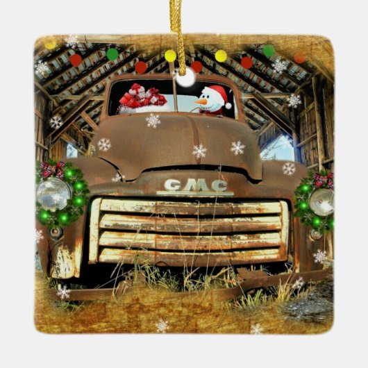 Frosty's Vintager GMC Truck Weihnachtslauf Keramikornament (Vorderseite)