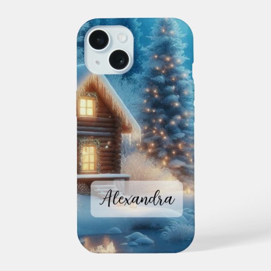 Frozen Fluss, gemütliche Hütte, Schnee, Pinien iPhone 15 Hülle (Rückseite)