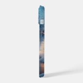 Frozen Fluss, Hirsch, gemütliche Hütte, Pinien iPhone 15 Hülle (Linke Seite)